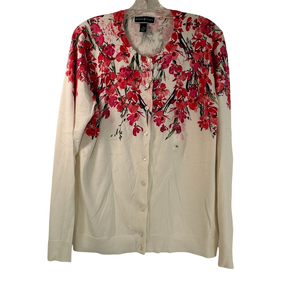 Karen Scott Floral Button Front Cardigan Sweater White Red Pink XL